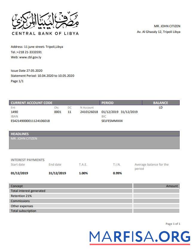 Printable Libya Central Bank Of Libyabank statement word example